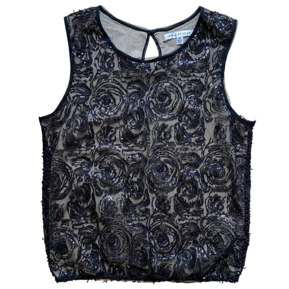 Max Studio Sequin Lace 3D Sleeveless Top Black Coquette Whimsigoth Dark Fairy-M - Picture 1 of 16